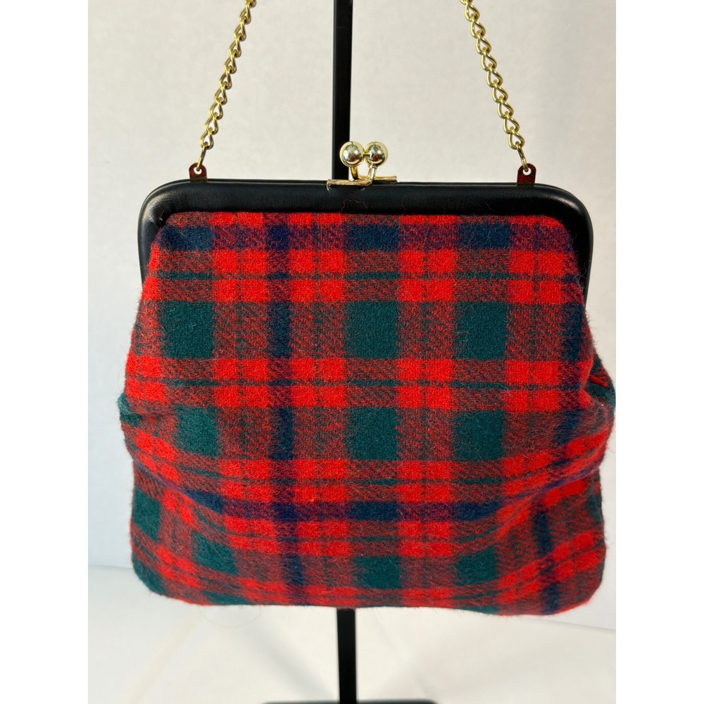 Classic Red Tartan Plaid Handbag Vintage-Inspired Wool Kiss Lock Chain Strap